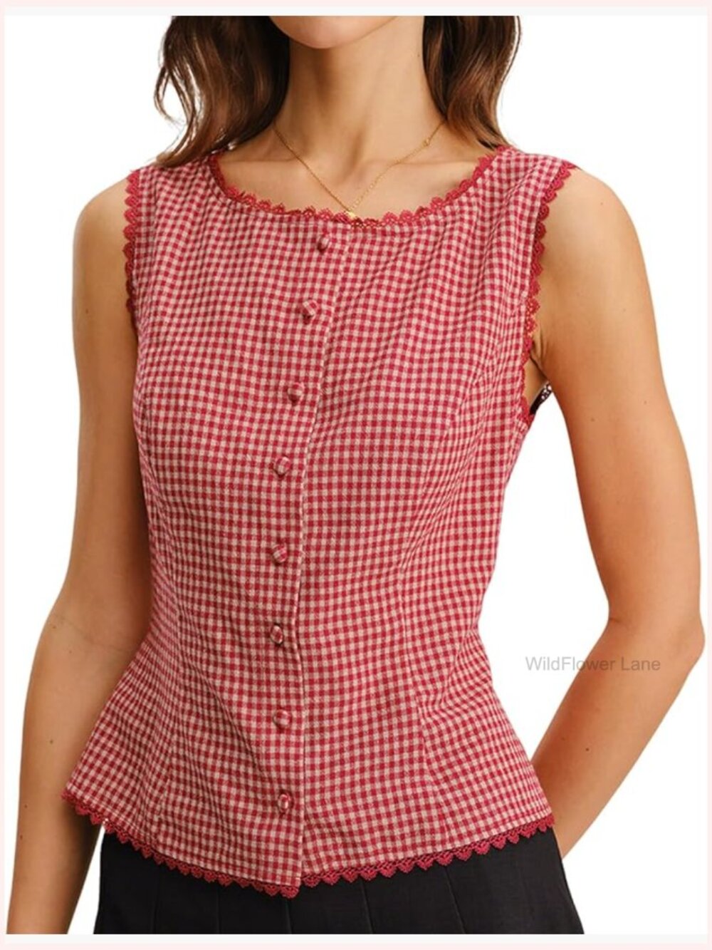 Sleeveless Button Down Blouse Lace Trim Fitted Waist Business Casual Top